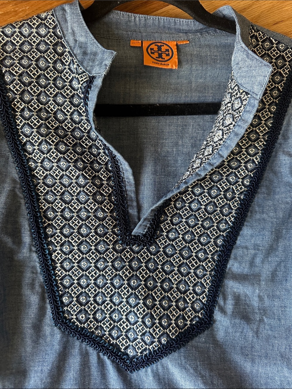 Tory Burch Denim-Look Tunic with Navy & White Embroidery